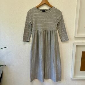 Roolee Midi Dress Sz. S Gray White Pin Stripes Empire Waist Pockets 3/4 Sleeves
